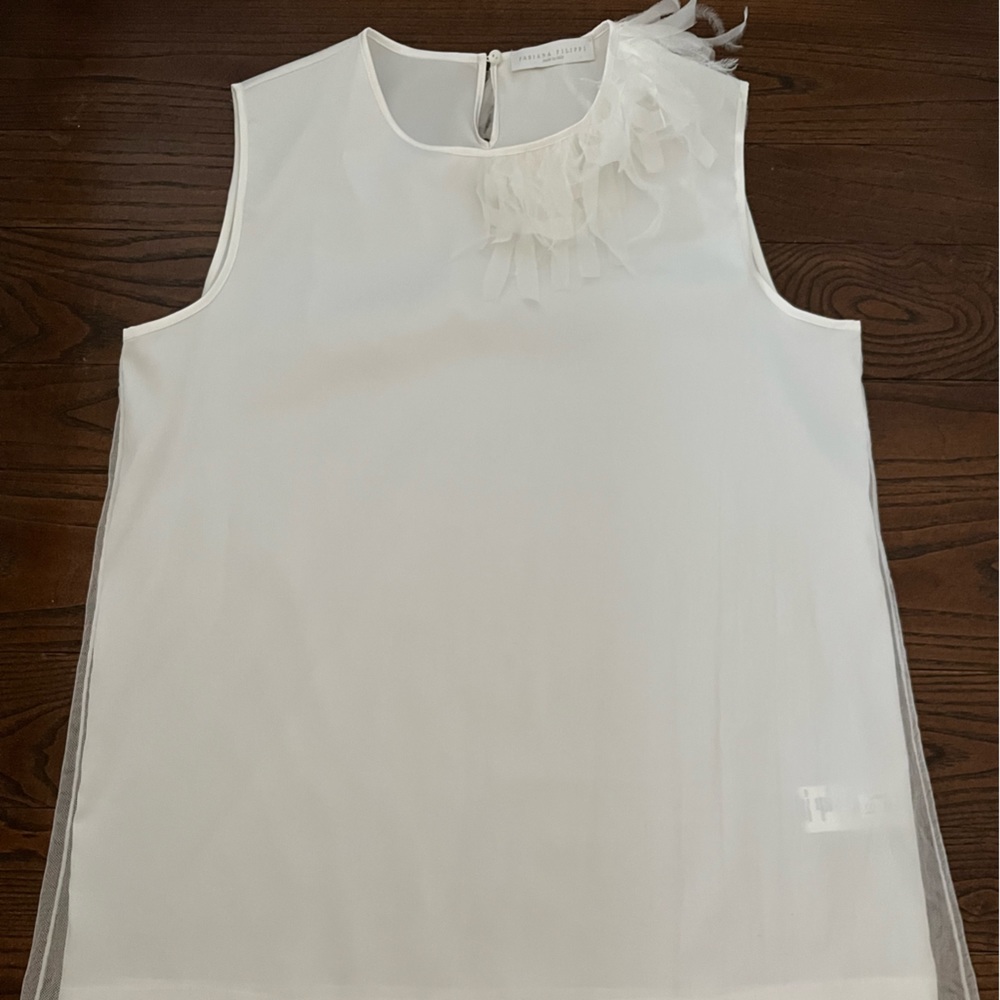 Fabiana Filippi white sleeveless top with feather neckline embellishment